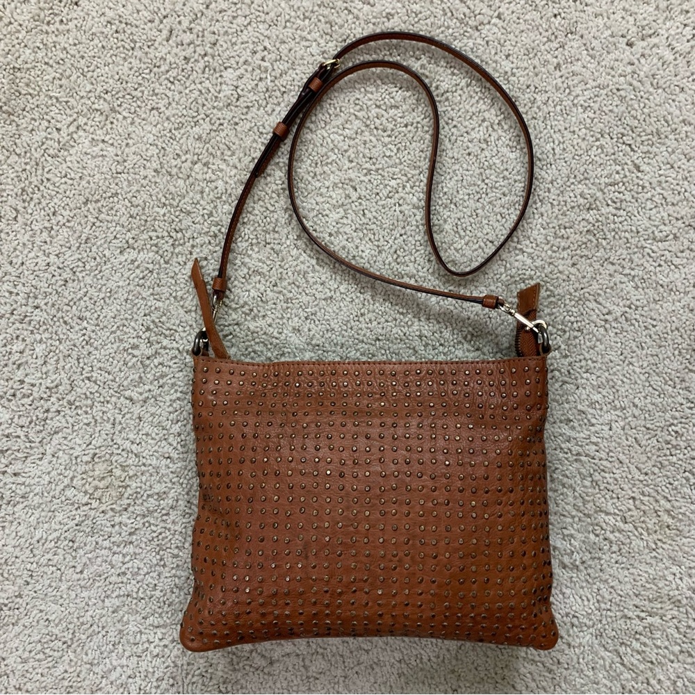 PLATANIA Caramel LEATHER Studded CROSSBODY Messenger BAG Purse   ITALY